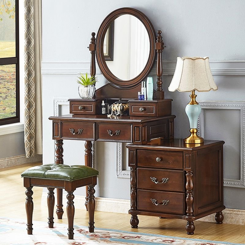Classicist No Floating & Scalable Makeup Vanity with Tabletop Storage & Push-Pull 7 Drawers Bedroom, Makeup Vanity & Stools, Round, Nut-Brown, 47.2"L x 15.7"W x 44.5"H