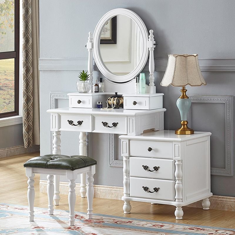 Antique No Floating & Scalable Makeup Vanity with Tabletop Storage & Push-Pull 7 Drawers Bedroom, Makeup Vanity & Stools, Round, White, 47.2"L x 15.7"W x 44.5"H
