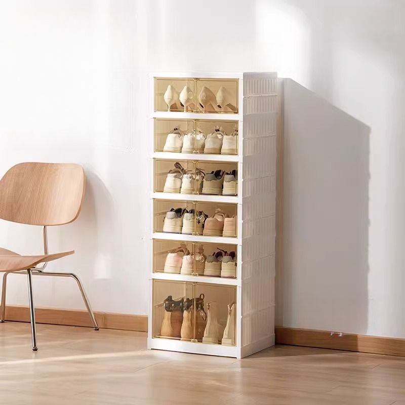 Art Deco Polymer Compound Space-saving Shoe Displays with Horizontal Sloping Shelves, Tan, 17"L x 14"W x 46"H