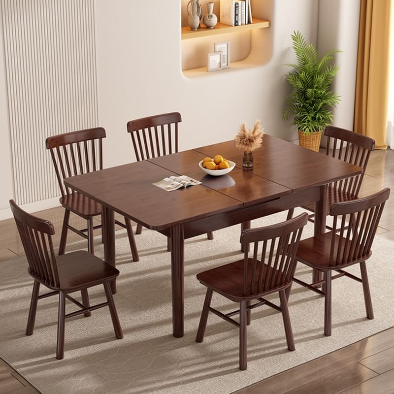 Brown Wood Dining Table Set with Rectangle Folding Natural Wood Table and Windsor Back Chairs for 6 People, Table & Chair(s), 7 Piece Set, 59.1"L x 31.5"W x 29.5"H