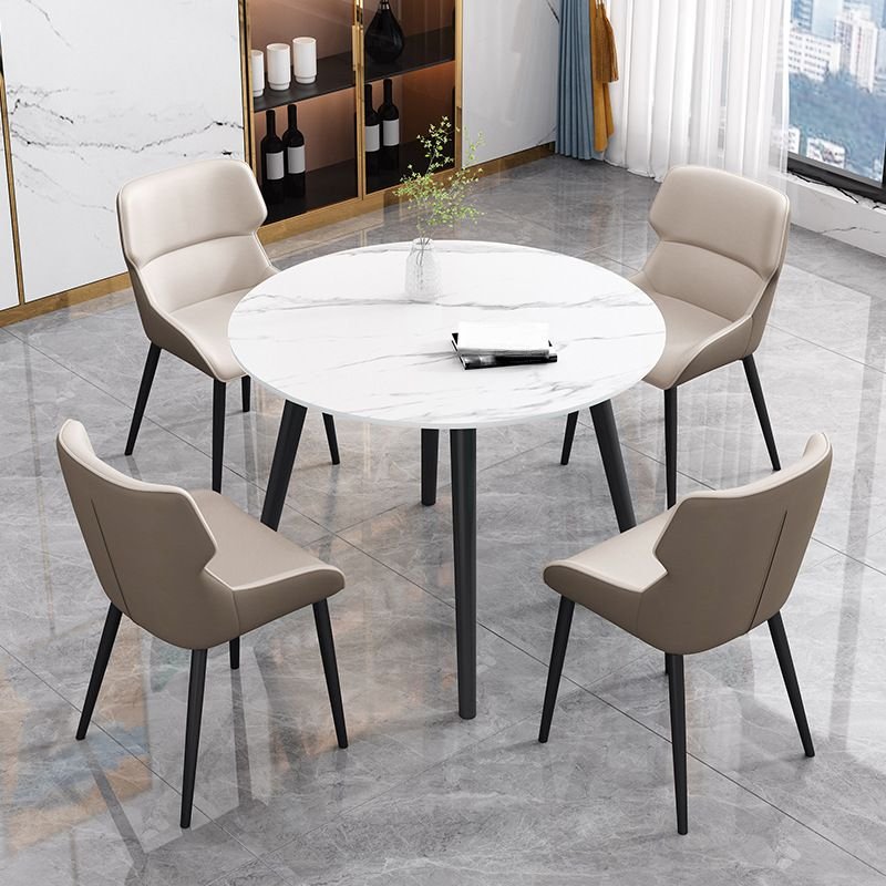 White Slate Rounded Dining Table Set with a Fixed Table Top and Upholstered Back Cushion Chair, 5-piece, Beige, Table & Chair(s)