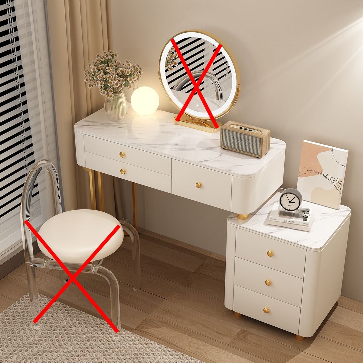 Art Deco Push-Pull No Floating Floor Vanity Scalable for Bedroom, Makeup Vanity (39") & Dresser(18")
