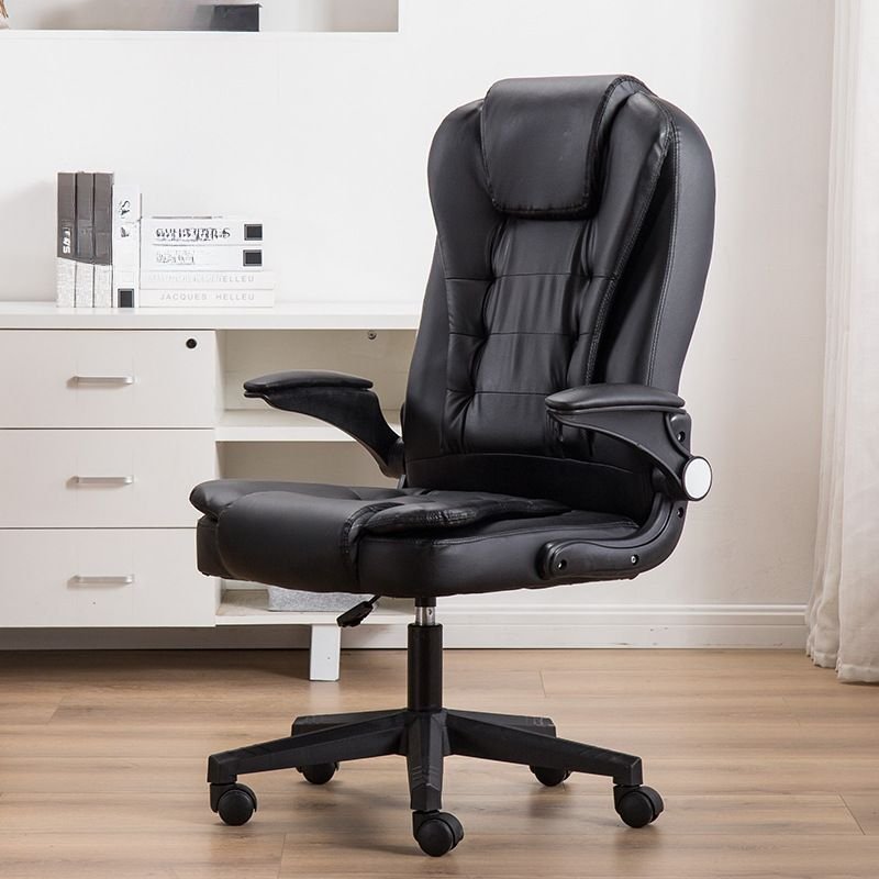 Minimalist Ergonomic Leather Studio Chairs in Black with Back, Adjustable Arms and Flip-Up Armrest, Black, Cow Leather