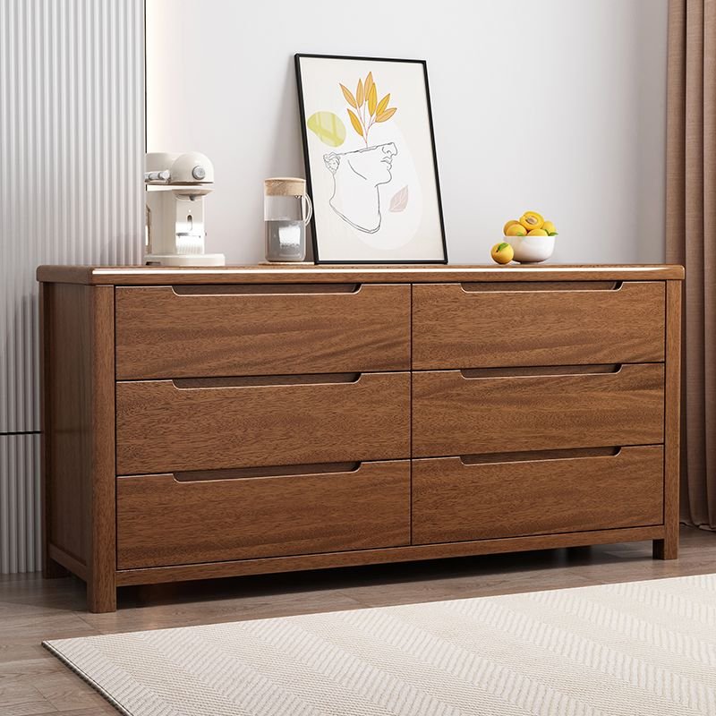 6 Drawers Minimalist Bleached Wood Horizontal Double Dresser for Sleeping Room, Nut-Brown, 59"L x 18"W x 29.5"H
