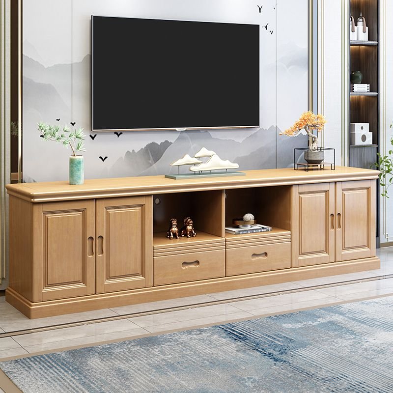 2 Drawers & 2-Cabinet Rectangular Lumber TV Stand with Shelf/Accessible Storage/Cable Management, 79"L x 17"W x 23"H, Beech