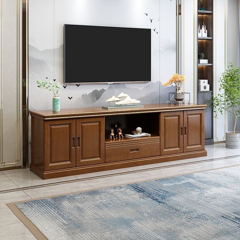 2-Drawer & 2 Cabinets Rectangle Timber TV Stand with Shelf/Visible Storage/Cable Management, 79"L x 17"W x 23"H, Walnut