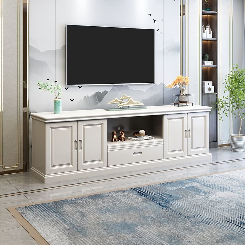 Chalk Rectangular Lumber TV Stand with Shelf & Self Close Drawer, 2-Cabinet & Visible Storage, 71"L x 17"W x 23"H