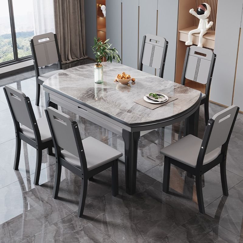 Art Deco Orbicular Slate Dining Table Set with 4-Leg Base, Fold-away Leaf, Dove Grey/Chalk - Table & Chair(s) 7 Piece Set Grey 47.2"L x 29.9"W x 29.9"H