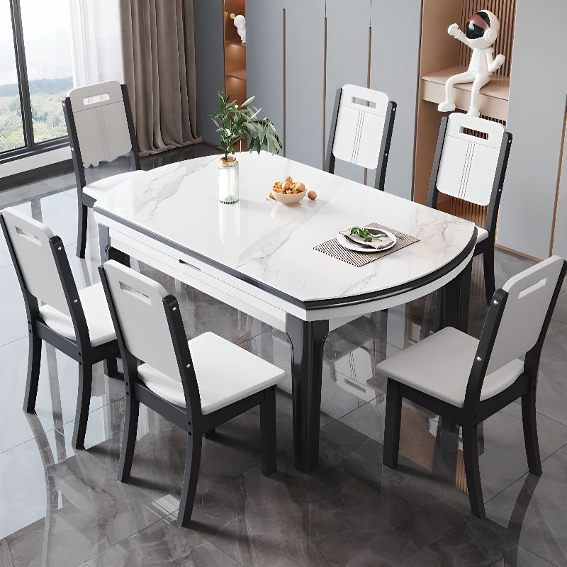Art Deco Orbicular Slate Dining Table Set with 4-Leg Base, Fold-away Leaf, Dove Grey/Chalk - Table & Chair(s) 7 Piece Set White 47.2"L x 29.9"W x 29.9"H