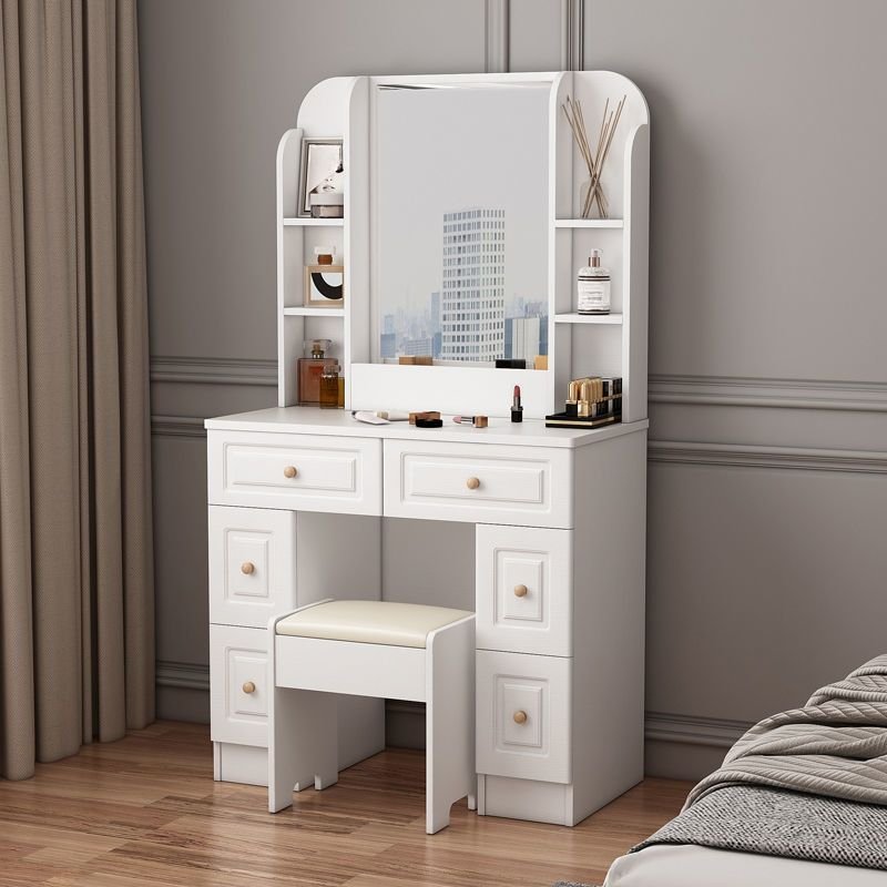 6 Drawers Chalky Wood Push-Pull Standing Vanity & Stool with Cushion Chair, No Suspended, Dividers Included, Makeup Vanity & Stools, 31.5"L x 15.7"W x 57"H