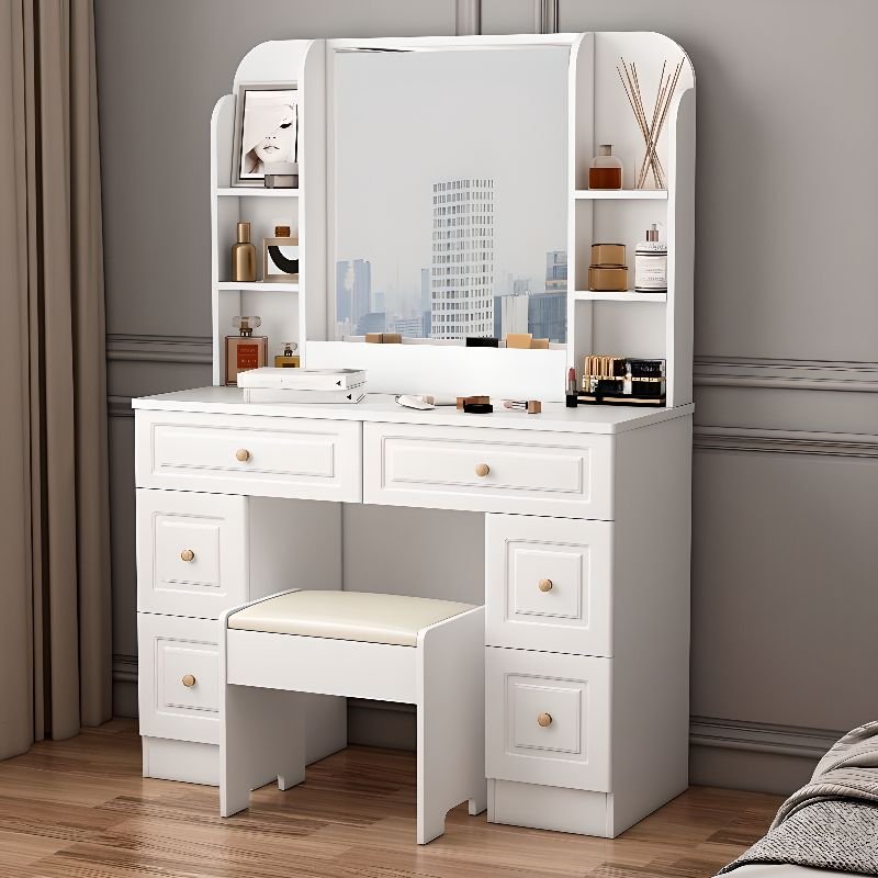 6 Drawers Bleached Wood Push-Pull Standing Vanity & Stool with Padded Chair, No Suspended, Dividers Included, Makeup Vanity & Stools, 39.4"L x 15.7"W x 57"H