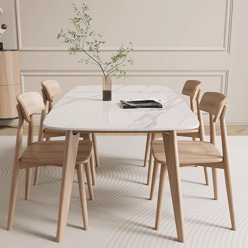 4-Leg Rectangular Chalk Slate Dining Table Set with Open Back Chairs for 4 People, 5 Pieces, 63"L x 35.4"W x 29.5"H, Natural/ White, Table & Chair(s)