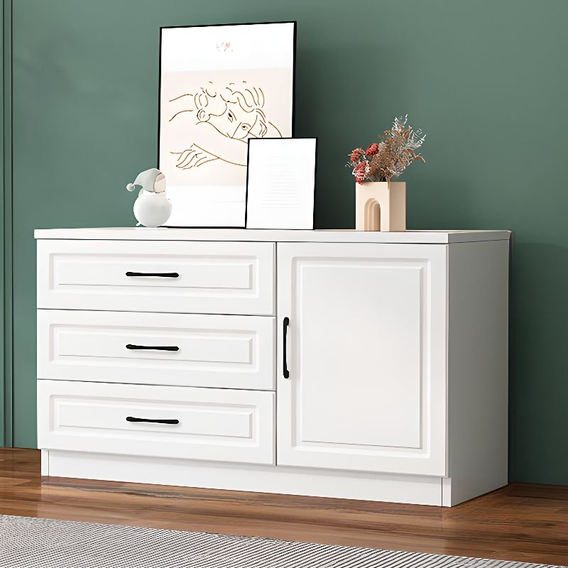 Art Deco Engineered Wood Combo Dresser Pale Wood Finish Horizontal with 3 Drawers and Cupboard, 43"L x 16"W x 28"H