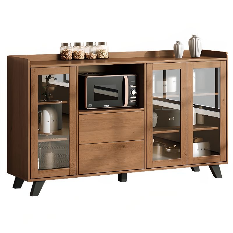2 Drawers Standard Cocoa Timber Sideboard with Glass Doors, Alterable Shelf & Pantry Hutch, 71"L x 16"W x 37"H