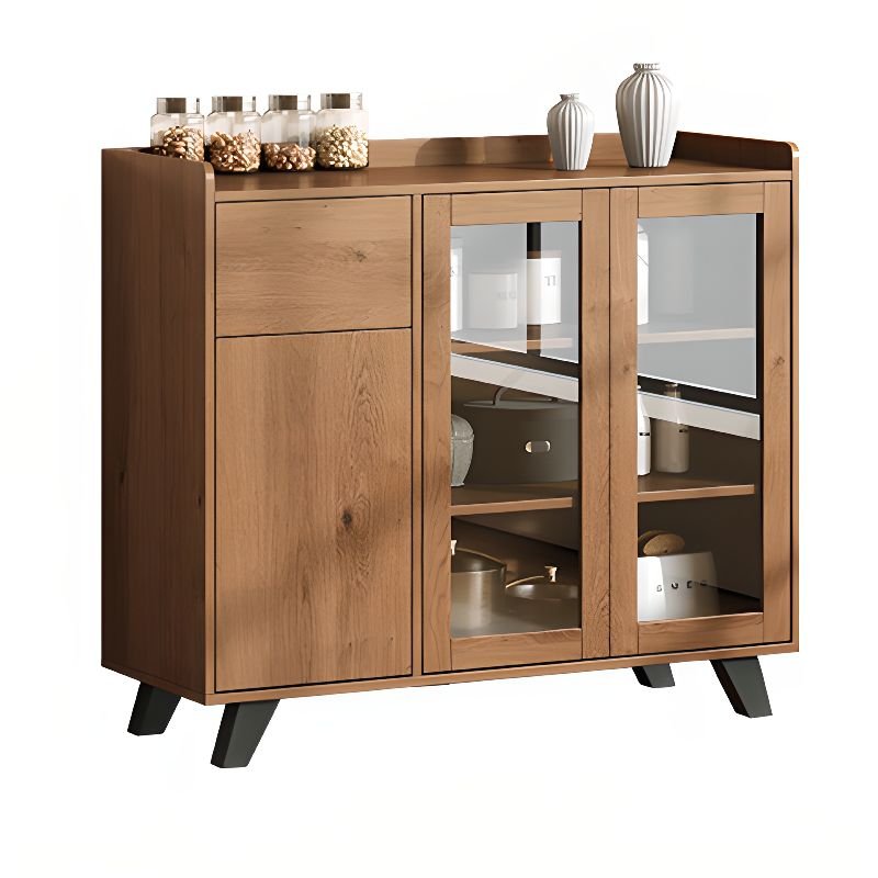 1 Drawer Narrow Sepia Lumber Sideboard with Glass-panel Door, Variable Shelf & Pantry Hutch, 39"L x 16"W x 37"H