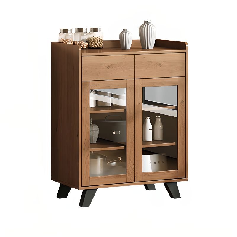 2 Drawers Narrow Cocoa Lumber Sideboard with Glass Doors, Flexible Shelf & Functional Storage Cabinet, 31"L x 16"W x 37"H