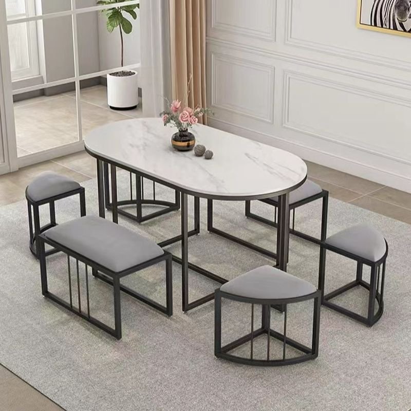 Black Trestle Elliptical Faux Marble Dining Table Set with Backless Chairs in a Modern Style, Table & Chair & Bench, 7 Piece Set, 59.1"L x 31.5"W x 29.5"H, Black
