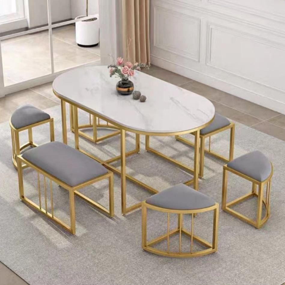 Art Deco Golden Trestle Oval Artificial Marble Dining Table Set with Backless Chairs, Table & Chair & Bench, 7 Piece Set, 51.2"L x 31.5"W x 29.5"H, Gold