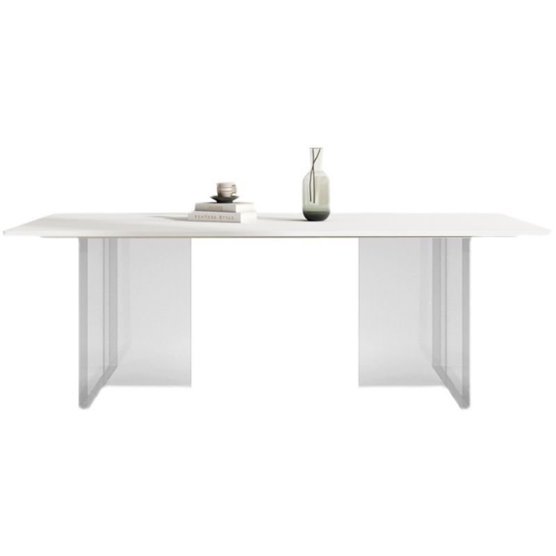 Art Deco Rectangular Fixed Dining Table Set with a Slate Tabletop in White and Dual-base in Acrylic for Seats 8, White, 70.9"L x 31.5"W x 29.5"H, 1 Piece, Table