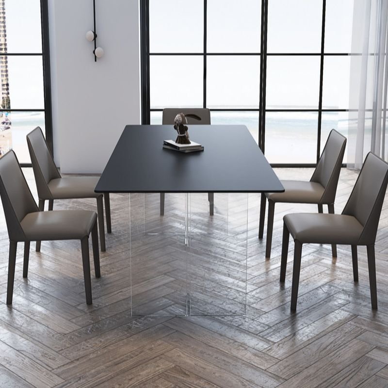 Casual Rectangular Fixed Dining Table Set with a Slate Tabletop in Coal and Two-sided Pedestal in Acrylic for 8 People, Black, 78.7"L x 35.4"W x 29.5"H, 1 Piece, Table