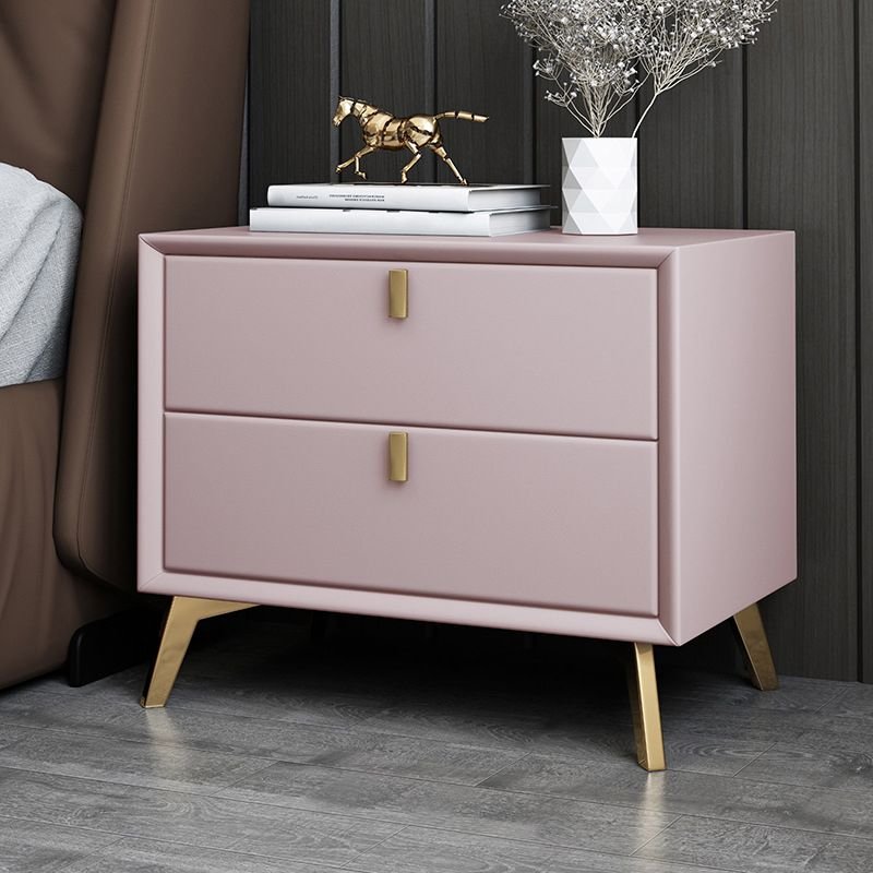 2 Tiers Postmodern Pink Faux Leather Drawer Storage Nightstand, Manufactured Wood, 18"L x 16"W x 18.5"H