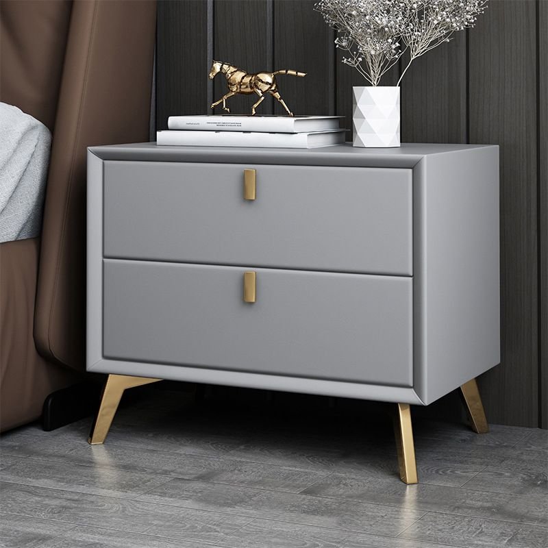2 Tiers Contemporary Faux Leather Drawer Storage Nightstand, Light Gray, Solid Wood, 20"L x 16"W x 18.5"H
