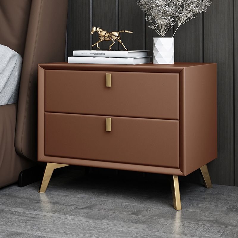 2 Tiers Contemporary Brown Faux Leather Nightstand With Drawer Organization, Solid Wood, 16"L x 16"W x 18.5"H
