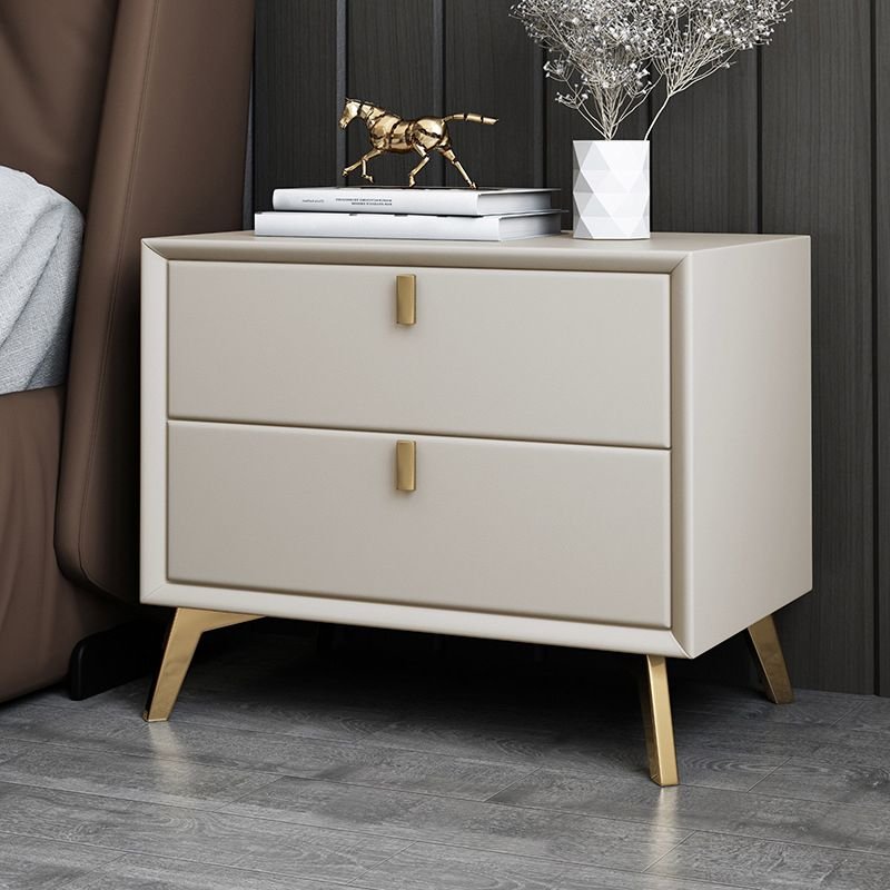 2 Tiers Stylish Faux Leather Drawer Storage Bedside Table, Beige, Manufactured Wood, 16"L x 16"W x 18.5"H