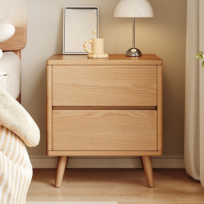 Trendy Nightstand With Drawer Storage in Natural Wood with Leg and 2 Drawers, Natural, 20"L x 16"W x 20.5"H