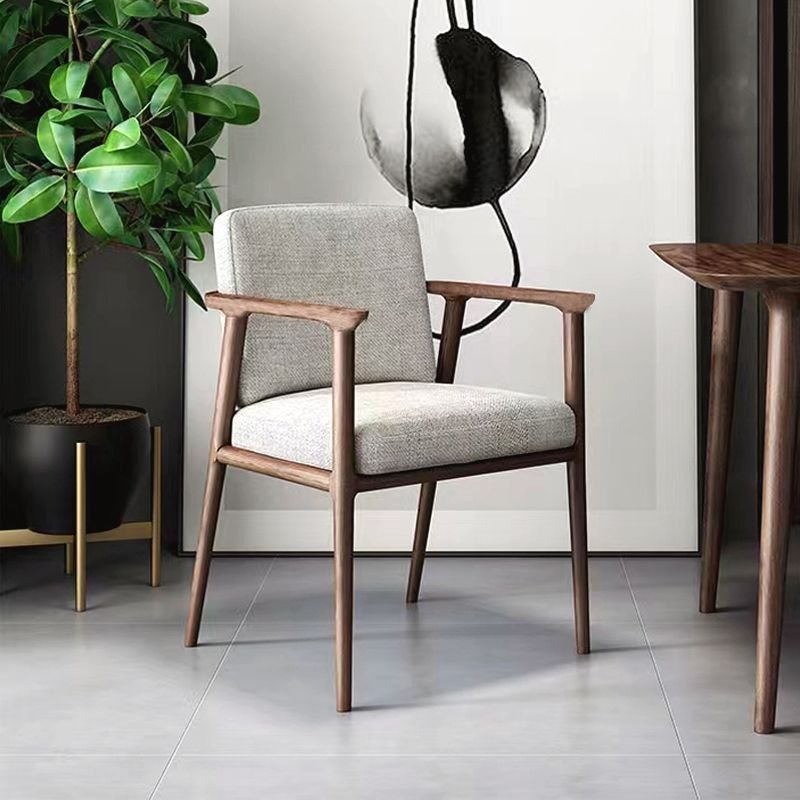 Dining Room Balanced Bordered Arm Chair with Foot Pads, Off-White, Walnut, Linen