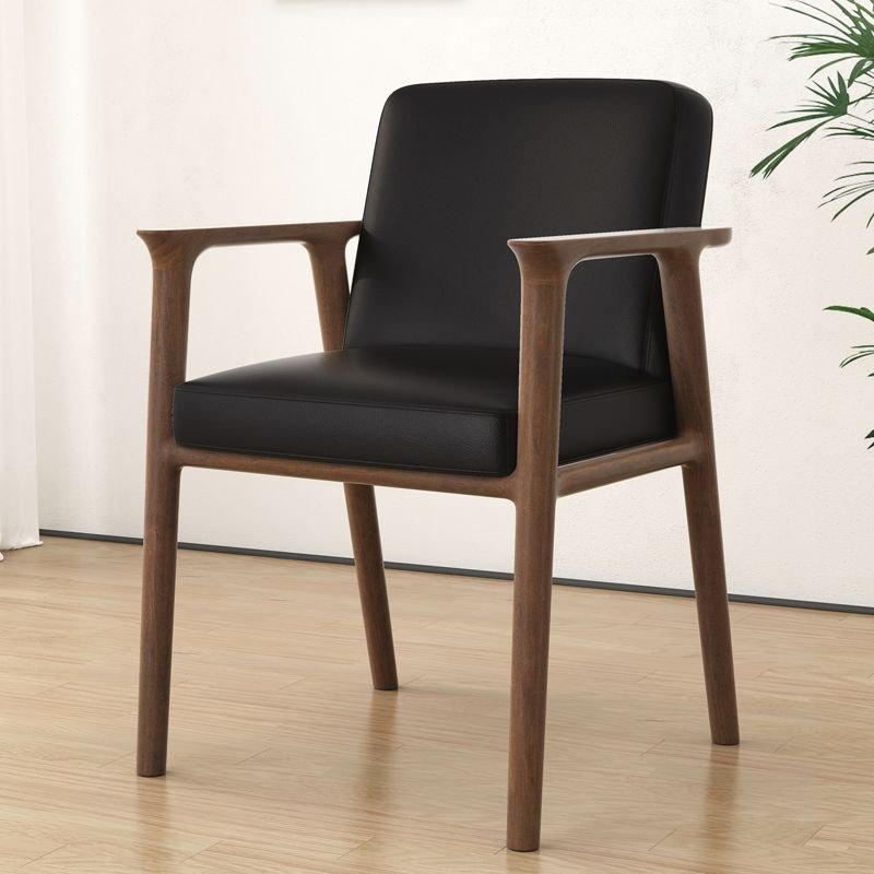 Dining Room Balanced Bordered Arm Chair with Foot Pads, Black, Walnut, Genuine Leather