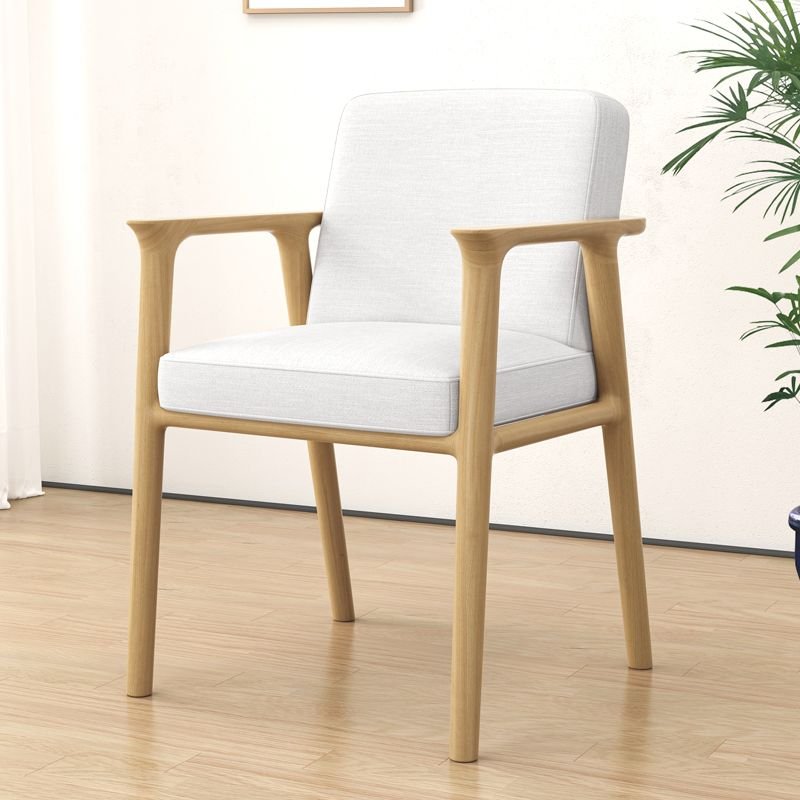 Dining Room Balanced Bordered Arm Chair with Foot Pads, Off-White, Natural Wood, Linen