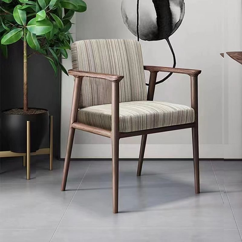 Dining Room Balanced Bordered Arm Chair with Foot Pads, Shallow Coffee Striped, Walnut, Linen