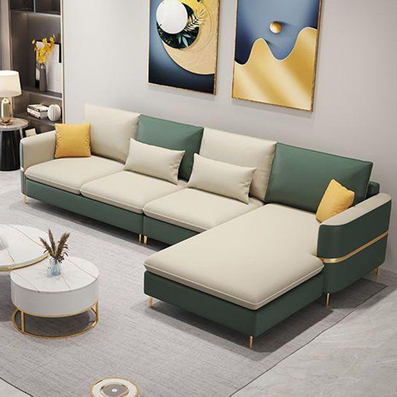 Glam Square Arm Sofa and Chaise with Pillows for Living Room - Dark Green/ Beige Tech Cloth Right