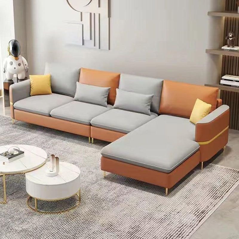 Glam Square Arm Sofa and Chaise with Pillows for Living Room - Orange/ Light Grey Tech Cloth Right