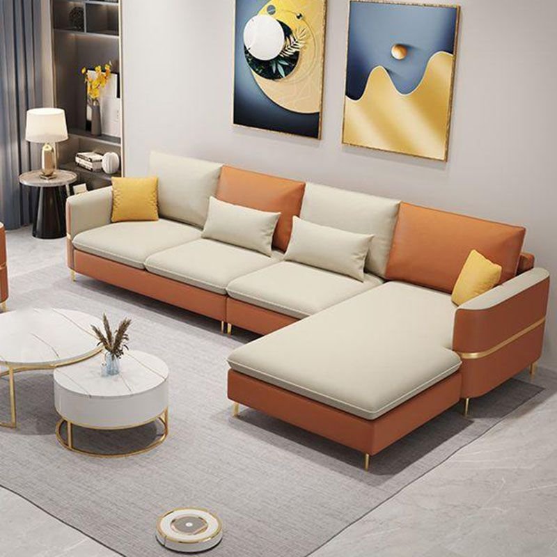 Glam Square Arm Sofa and Chaise with Pillows for Living Room - Orange/ Beige Tech Cloth Right
