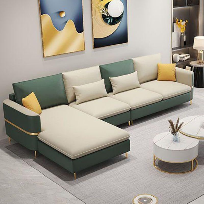 Glam Square Arm Sofa and Chaise with Pillows for Living Room - Dark Green/ Beige Tech Cloth Left