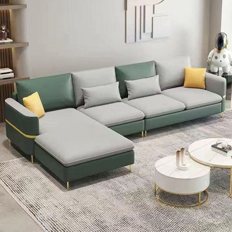 Glam Square Arm Sofa and Chaise with Pillows for Living Room - Dark Green/ Light Gray Tech Cloth Left