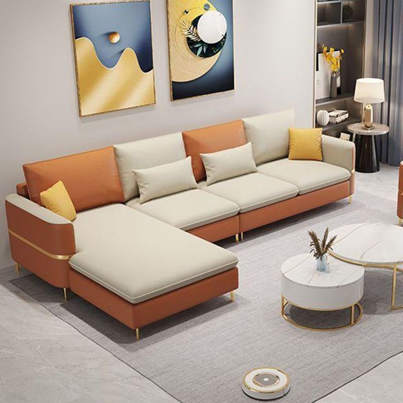 Glam Square Arm Sofa and Chaise with Pillows for Living Room - Orange/ Beige Tech Cloth Left