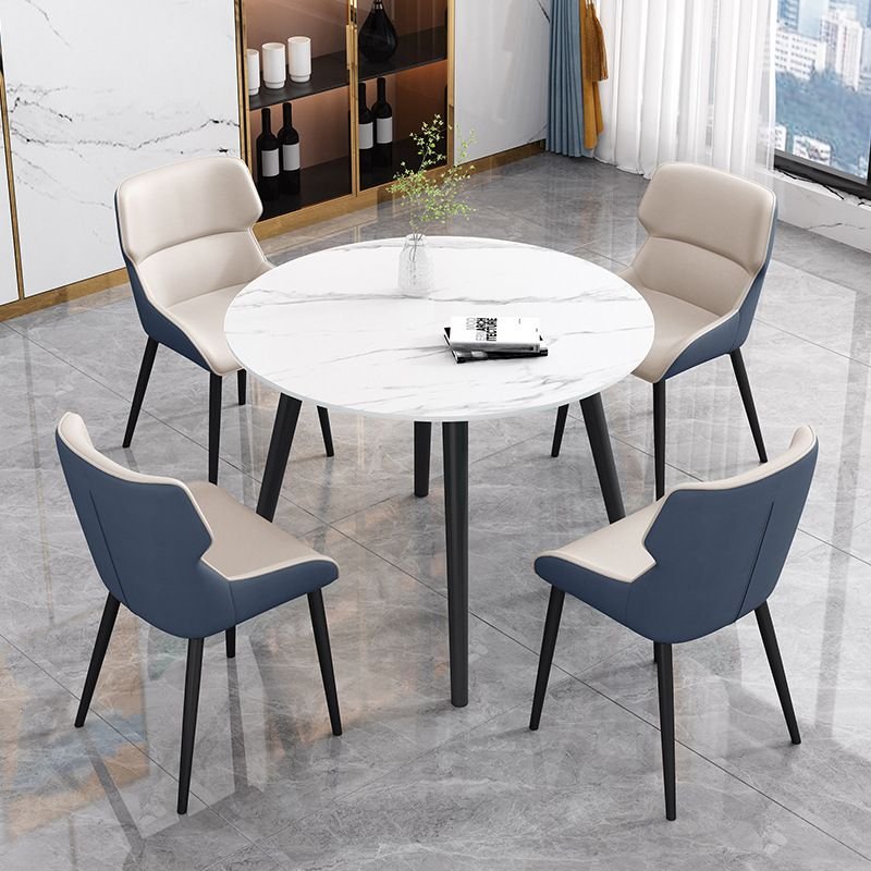 5 Piece Set Circular White Slate Fixed Top Dining Table Set with Upholstered Back Cushion Chair, Table & Chair(s), Beige