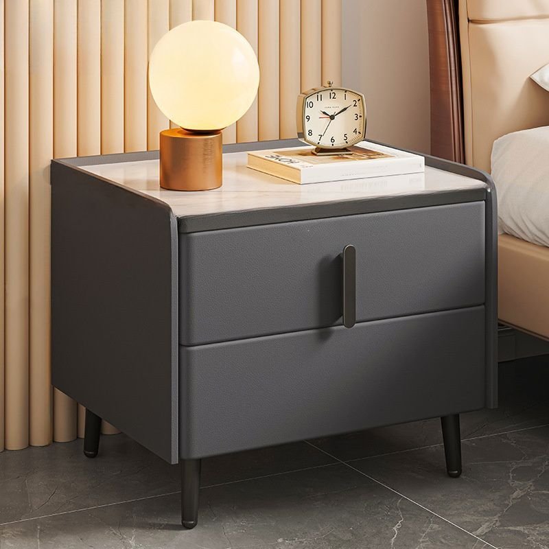 Trendy Sintered Stone Top Drawer Storage Bedside Table with 2 Tiers, Dark Gray, 20"L x 16"W x 18"H