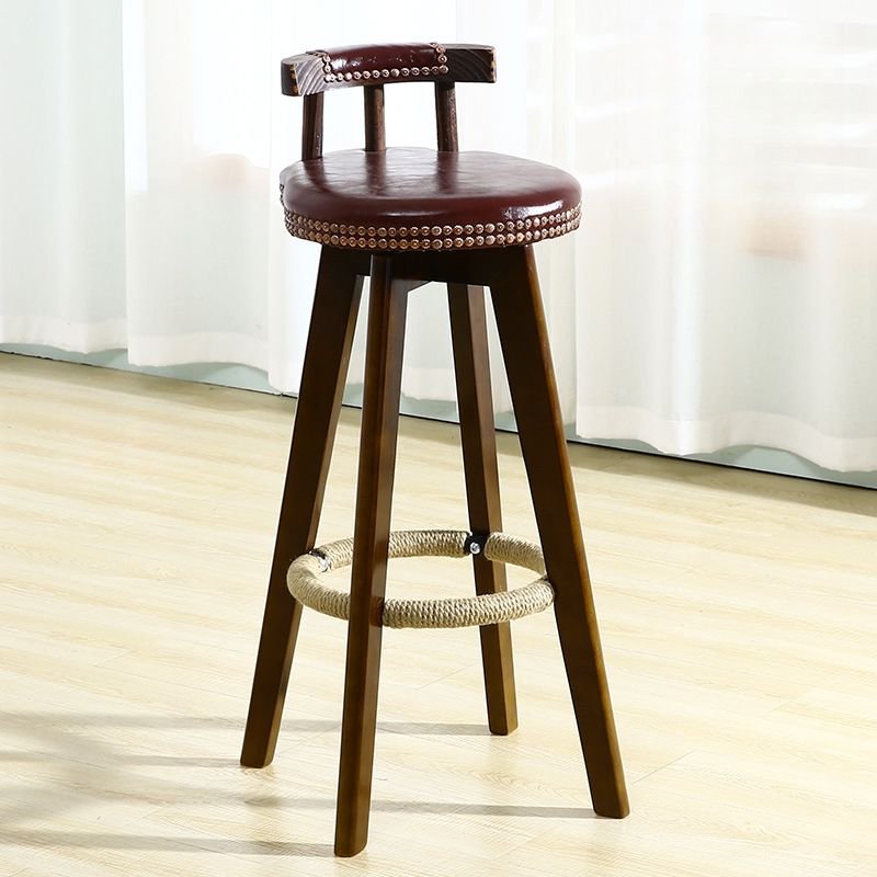 Cappuccino Round Seat Bar Stools with Stud Trim for Pub, Red Brown, Brown