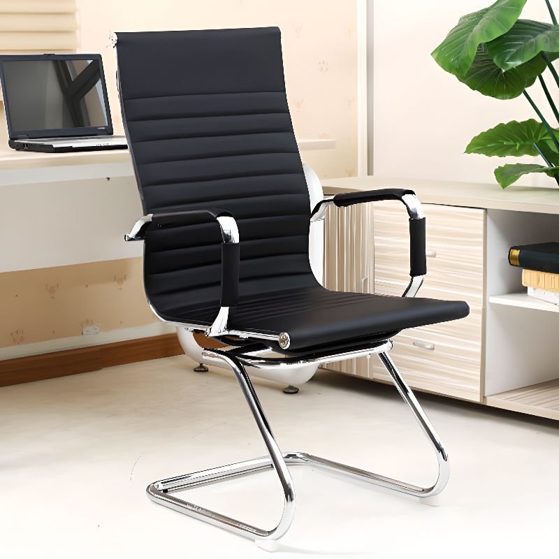 Minimalist Leather Task Chair in Black with Back and Fixed Arms, Faux Leather, 19"L x 19"W x 41"H