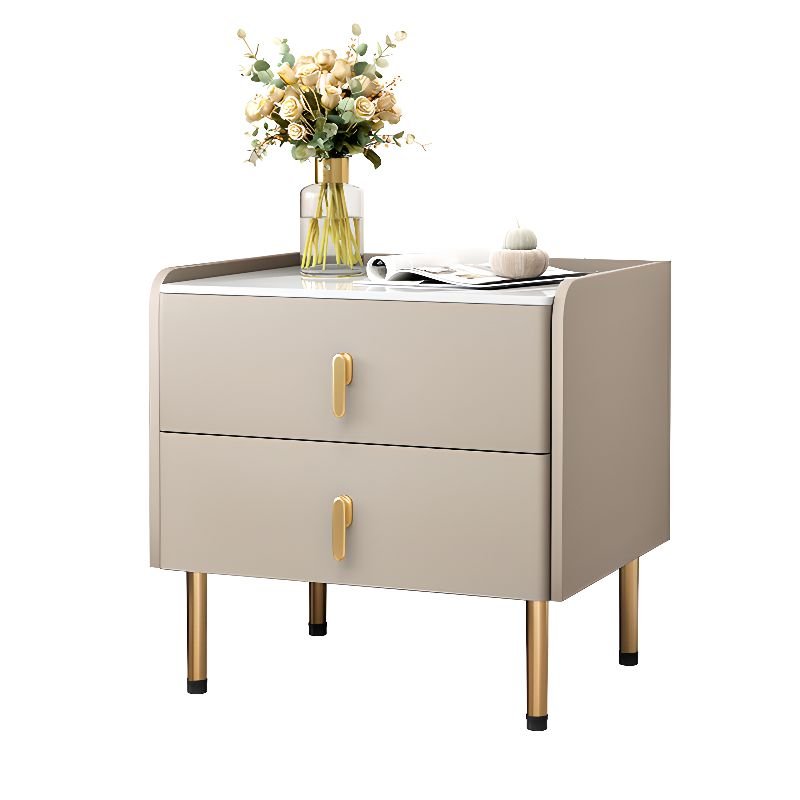 2 Drawers Minimalist Stone Drawer Storage Bedside Table with Leg, Champagne/ Gray, Wood, 18"L x 16"W x 20"H