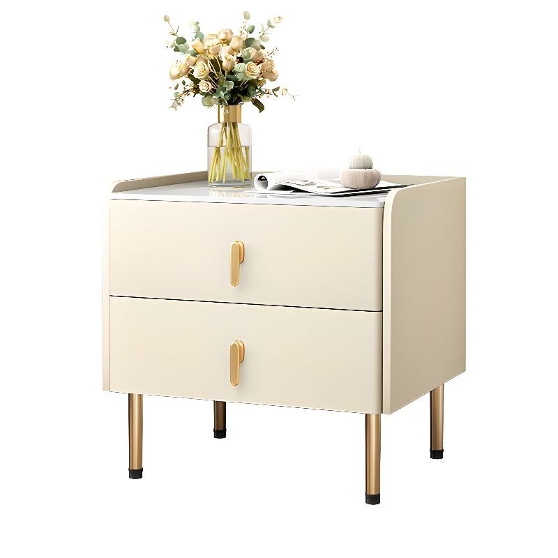 2 Drawers Art Deco Stone Drawer Storage Bedside Table with Leg, Cream, Wood, 10"L x 16"W x 20"H
