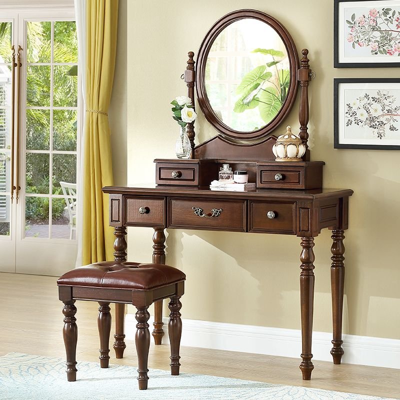Antique Sleeping Quarters Push-Pull No Floating Dressing Table with Tabletop Storage, Makeup Vanity & Stools, Walnut, 39"L x 18"W x 61"H