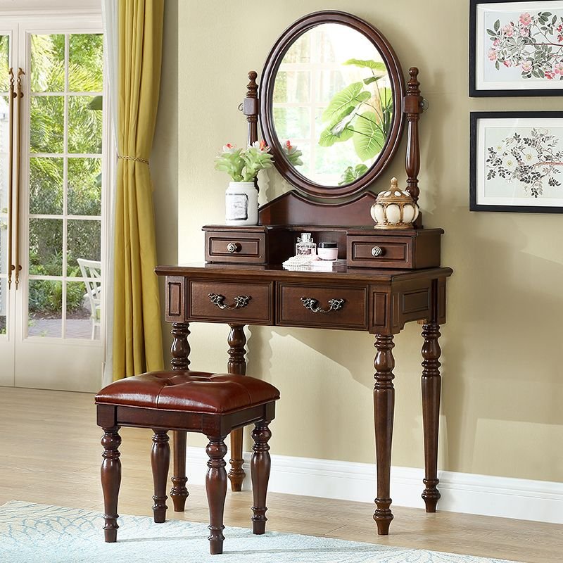 Classicist Sleeping Quarters Push-Pull No Floating Dressing Table with Tabletop Storage, Makeup Vanity & Stools, Walnut, 31"L x 18"W x 61"H