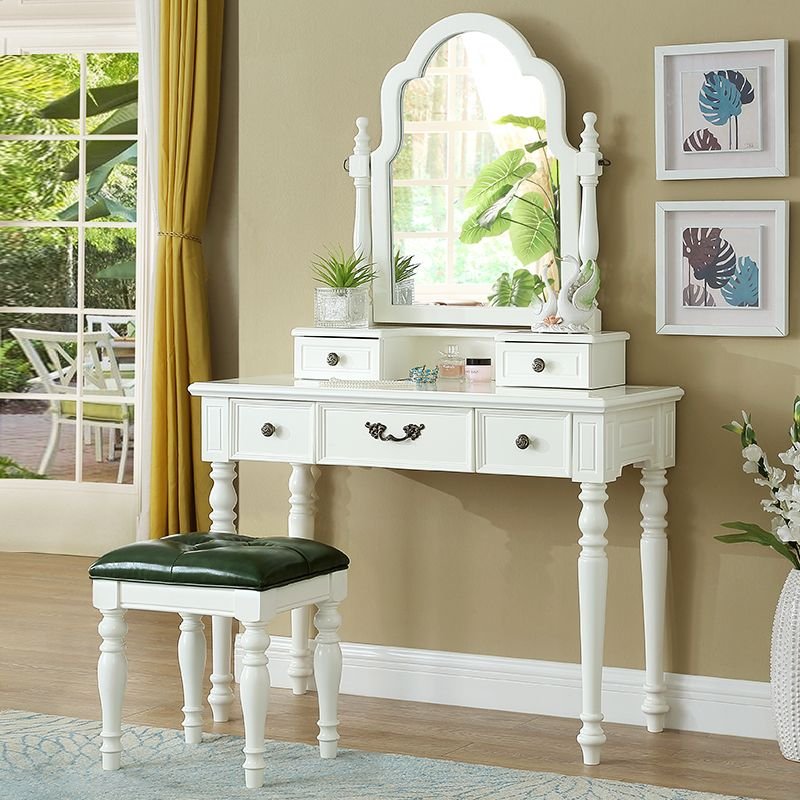 Victorian Sleeping Quarters Push-Pull No Floating Dressing Table with Tabletop Storage, Makeup Vanity & Stools, White, 39"L x 18"W x 63"H