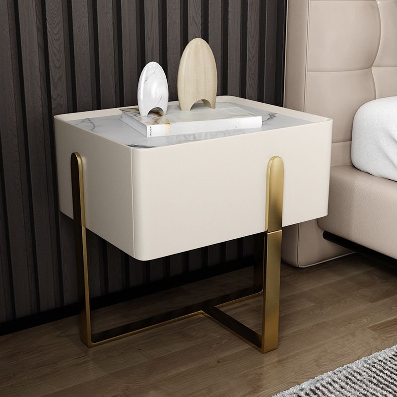 1 Tier Simplistic Faux Marble White Drawer Storage Bedside Table with 1 Drawer