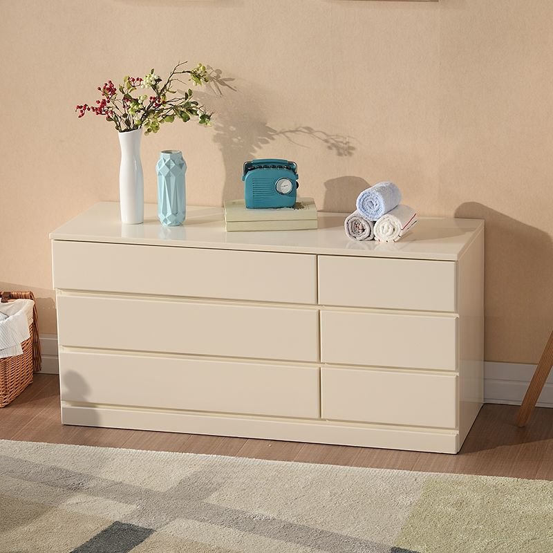 Art Deco Horizontal Console Dresser Timber with 6 Drawers for Sleeping Room, Beige, 47"L x 17"W x 26"H